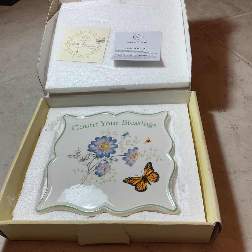 Vintage Lenox Ceramic Butterfly Meadow County our Blessings Trivet 6.75 inch EUC